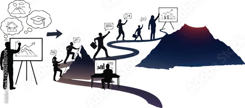 Team members climbing a mountain represent the collective effort and strategic planning required for achieving business goals.