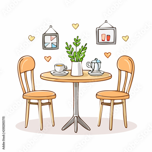 Cafe breakfast table and chair doodle vector illustration