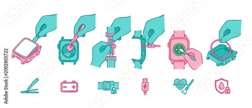 Smartwatch Maintenance and Repair Steps Infographic Set for Gadget Care, Including Battery Charging, Wristband Adjustment, Cleaning Sensors, and Waterproof Protection Procedures for Wearable Technolog