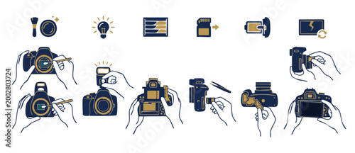 DSLR Camera Maintenance Icon Set, Cleaning Sensor and Memory Card Handling Guide, Photography Gear Care Instructions for Professional Photographers, Instructional Vector Flat Line Graphics for User Ma