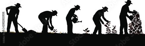 Gardeners silhouette figures work in a field to plant seeds and tend to growing crops throughout the day in nature.