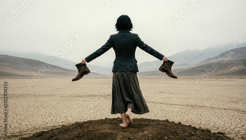 A solitary figure balances on one leg atop a mound in a misty, barren landscape, holding boots in outstretched arms. Generative AI