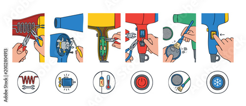 Slika na platnu Hairdryer Repair and Maintenance Guide, Step-by-Step Manual Infographic for Hous