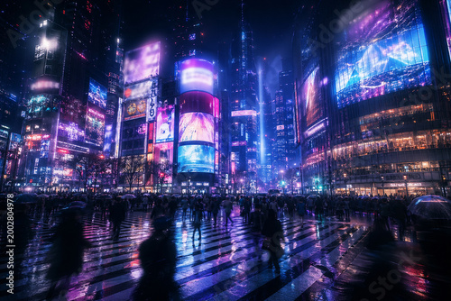 ネオンが滲むサイバーな渋谷スクランブル交差点の近未来都市背景
Cyberpunk-style Shibuya scramble crossing with glowing blurred neon lights