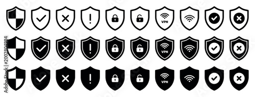 Black white cyber security shield icons set minimal protection antivirus firewall vpn wifi lock unlock check cross alert symbols solid line style isolated vector design collection