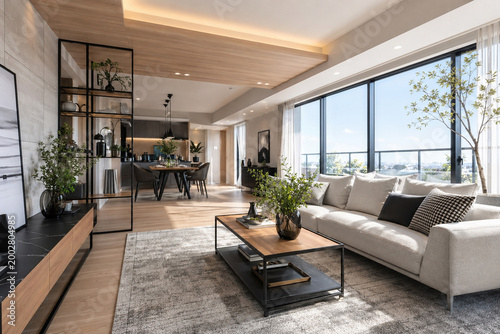 黒メタルと木の質感が調和する明るいモダンリビングのモデルルーム空間素材
Modern living room model space with black metal and warm wood interior in daylight