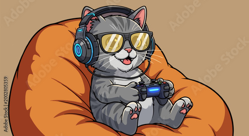 Cool gamer cat vector illustration, cute kitten wearing headphones and sunglasses playing video games, funny feline gaming character on bean bag