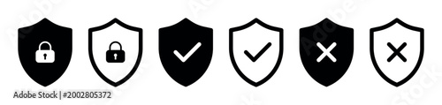 minimal shield security icons set lock check cross symbols protection safe approval denial cyber defense verification secure badge collection vector ui design black white inversion pack