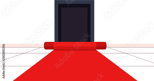 A red carpet unrolling from a dark doorway onto a white tiled floor, symbolizing an entrance.