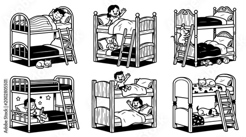 This image depicts charming bunk beds in different settings showcasing children's playful environments, encouraging fun and comfort in shared sleeping spaces.