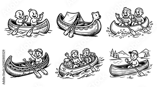 This image depicts cheerful characters paddling in canoes, showcasing the joy and adventure of outdoor water activities amid scenic landscapes and vibrant waters.