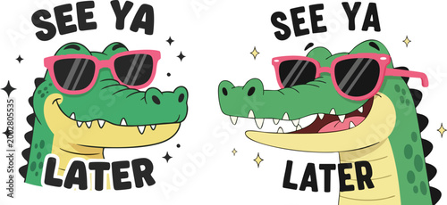 Cartoon crocodile with sunglasses vector, funny alligator see ya later quote, cool reptile character with pink shades, summer animal mascot