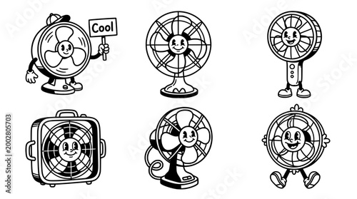 This image showcases a collection of lively fans, each personified with cheerful faces, representing refreshment, comfort, and coolness in a fun and engaging manner.