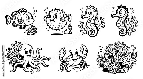 This image features a variety of adorable underwater creatures, including fish and crabs, showcasing the charm and vibrancy of ocean life in a playful and artistic style.