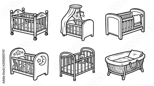 This image features six adorable baby cribs, showcasing a variety of designs and styles suitable for infants, presenting a charming look for any nursery project.