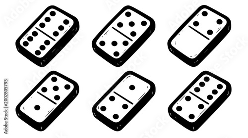 This image displays a collection of six classic dominoes, showcasing their design in a fun and engaging art style, suitable for game lovers and enthusiasts alike.