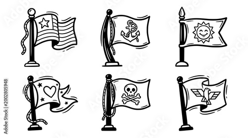 This image presents a variety of flags with distinct designs and themes, symbolizing unity, diversity, and various cultural representation in a cartoonish style.