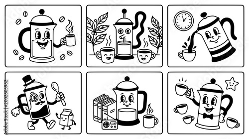 This delightful graphic features a playful coffee pot surrounded by cheerful cups, symbolizing the warmth and joy that coffee brings to our daily lives.