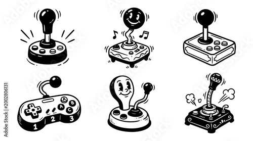 This engaging illustration presents a variety of retro video game controllers, each with cheerful expressions, perfect for gaming design enthusiasts and nostalgic art projects.