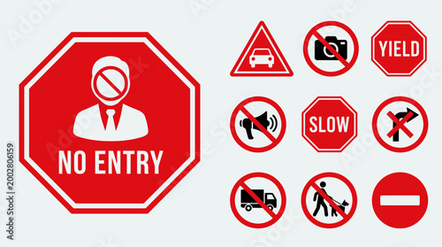 Collection of red traffic and warning signs no entry yield and more