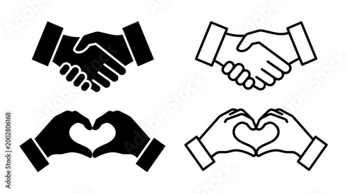 Handshake icons set. Business agreement handshake symbol set. Shaking hands logo. Friendly handshake line and flat style - stock vector.