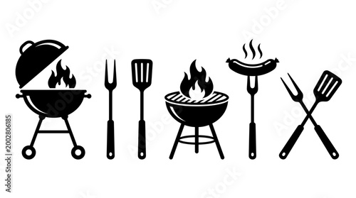 BBQ grill icon set. Barbecue, bar-b-q, spatula, grill fork, picnic, fire - stock vector.