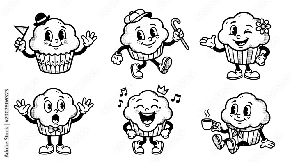 Fototapeta premium This collection showcases cheerful cupcake characters with fun personalities, ideal for children's products and designs that evoke joy and celebration in a delightful, whimsical style.