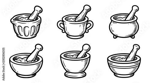 This collection showcases various vintage mortars and pestles, ideal for illustrations related to cooking, herbal remedies, or traditional practices in culinary arts and homemade goods.