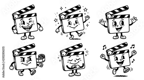 This collection features film clappers personified with expressive cartoon characters, perfect for projects related to cinema, storytelling, and the joy of filmmaking in an artistic and fun manner.