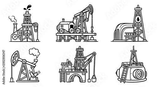 This image depicts a series of oil drilling rigs and related machinery, emphasizing the industrial aspects of oil extraction and showcasing modern designs in the energy sector.
