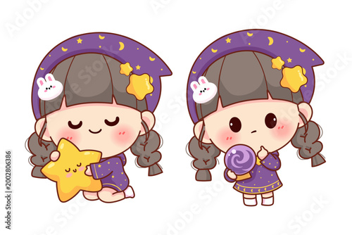 Cute little witch girl astrology character with magic crystal ball and golden star kawaii fortune teller chibi for zodiac and tarot design