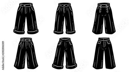 This image showcases a fashionable display of black pants in various styles and designs, perfect for modern fashion enthusiasts looking to enhance their wardrobe.