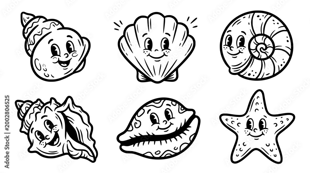 Fototapeta premium This delightful image features a collection of cute shells and a starfish, all with smiling faces, conveying a joyful oceanic theme perfect for children's artwork and stories.