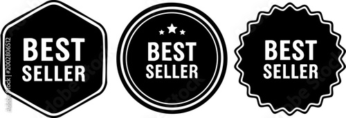 Best seller badge collection, black and white marketing labels, set of 3 premium quality product stickers, retail promotion vector icons