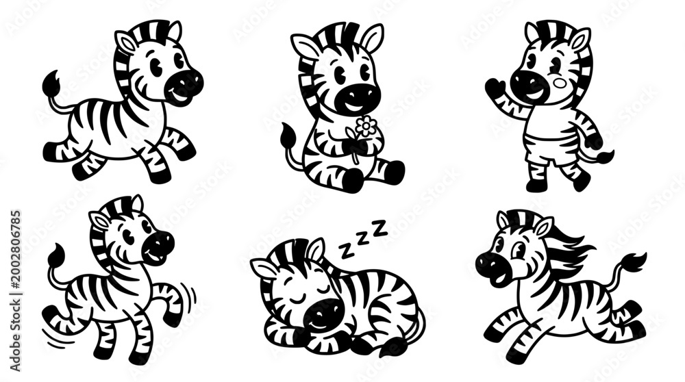 Obraz premium This delightful set of cartoon zebras showcases different activities and expressions, emphasizing playful and friendly elements in a charming black and white illustration style.