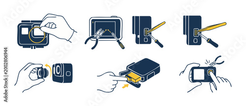 Action Camera Repair Service Manual Icons Set for Technical Maintenance and Assembly Instructions of Digital Video Gadgets Featuring Hand Tools Screwdriver Pliers and Component Replacement Procedures