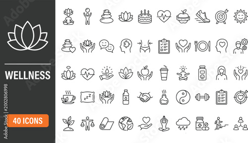 Wellness thin line icon set. Improving and restoring physical, mental and emotional health. Yoga, wellbeing, relaxation, spa, healthcare, aromatherapy - stock vector.