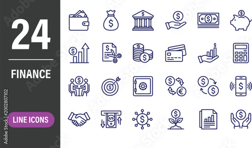 Finance thin line icon set. Saving, increasing and spending finances. Payments elements, budget, loan, bank, deposit, money, profit, piggy bank - stock vector.