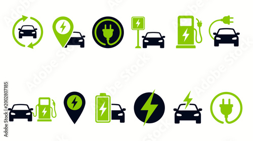 Electric car charging icon set. EV station, plug, socket, hybrid car, green electric car with plug symbol on white background - stock vector.