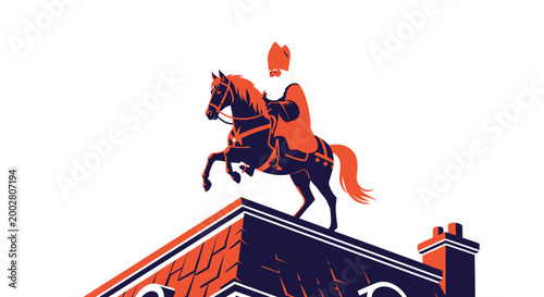 Equestrian statue on building rooftop, modern illustration