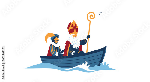 Saint Nicholas and helper arrive by boat on water