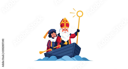 Saint Nicholas and helper rowing boat on waves