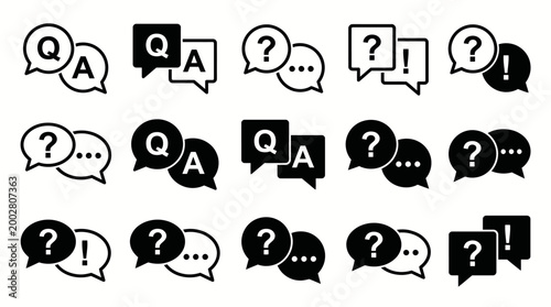 Question and answer icon set. Chat, speak bubble, Q and A, ask, support, dialog, help center symbol on white background - stock vector.