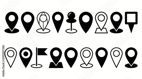 Map pin icon set. Location, pointer, marker, GPS, geolocation symbol on white background - stock vector.