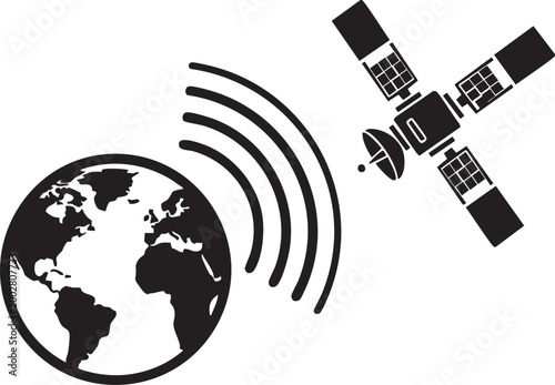 Satellite transmitting signal to earth black silhouette vector illustration on a white background high quality professional detailed modern elegant stylish clean