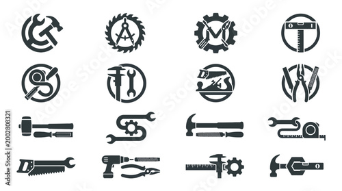 Black and white industrial tools icons.