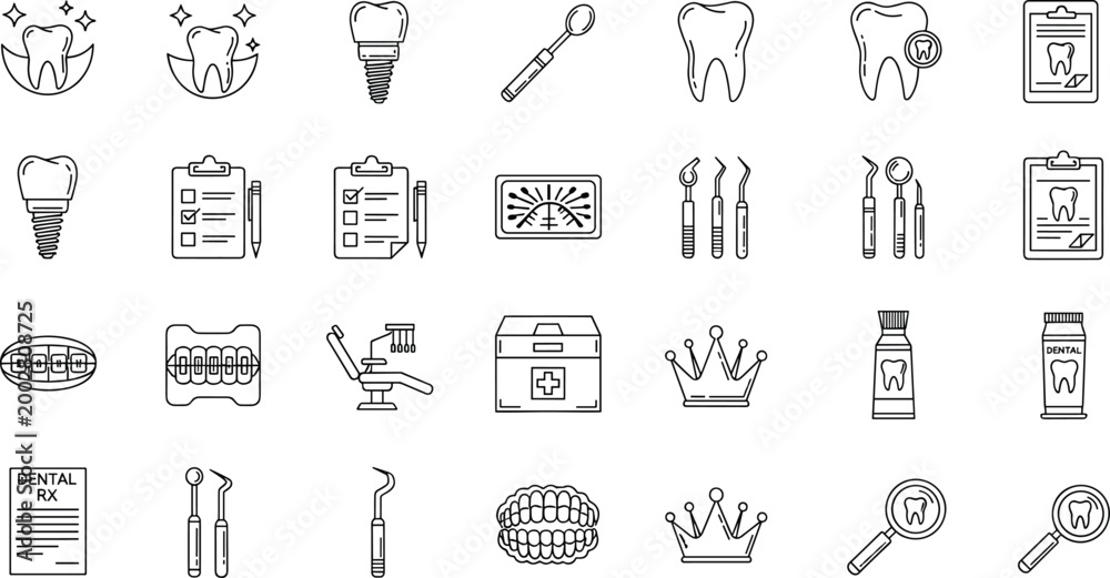 Fototapeta premium Set of Dental and Oral Care Icons for Medical, Treatment, and Hygiene Designs – Tooth, Implant, Tools, and More