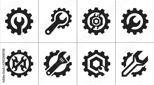 Black icons of tools and gears.