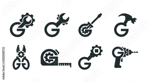 Black icons of tools and machines.