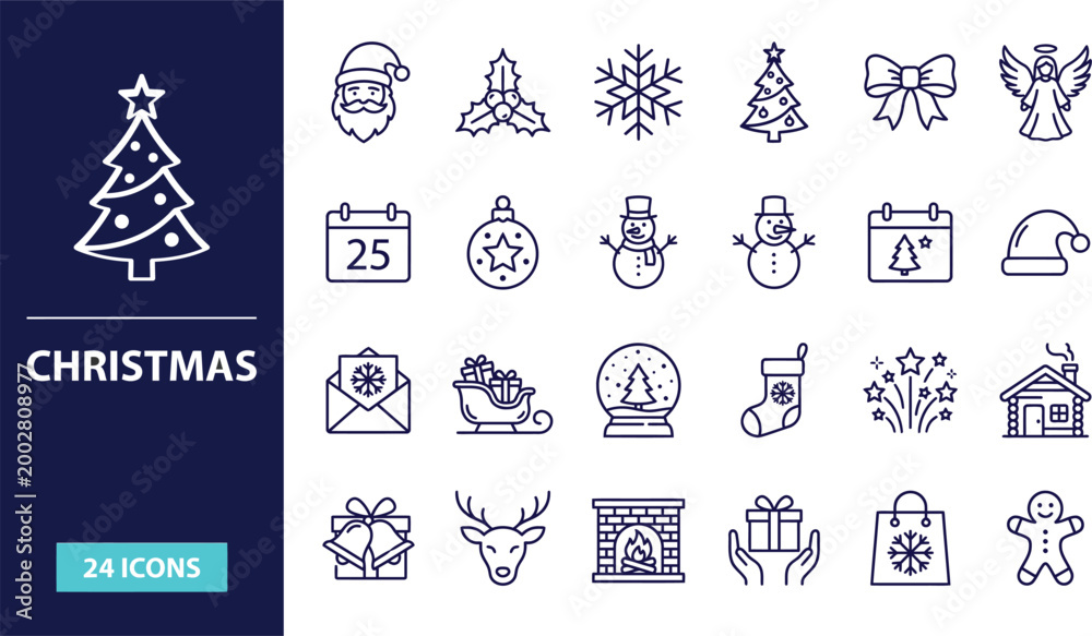 Fototapeta premium Christmas line icon set. Editable Stroke. Xmas, gift, santa, christmas tree, snowflake, angel, santa nat - stock vector.